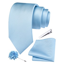 Branduce Baby Blue Tie Set for Men Wedding Solid Plain Necktie Pocket Square Tie Clip and Lapel Pin Brooch Set (TA15-48)