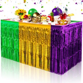 6 Pack Mardi Gras Table Skirt Decorations 30x118 Inch, Mardi Gras Purple Gold and Green Metallic Foil Fringe Tinsel Table Skirts, Mardi Gras Table Decorations for Mardi Gras Carnival Party Supplies