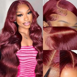 Burgundy Lace Front Wigs Human Hair 99j Body Wave 13x4 HD Lace Front Wigs Human Hair 180% Density Wine Red Colored Wig Glueless Burgundy Body Wave Frontal Wigs Human Hair Wigs For Women 20 Inch