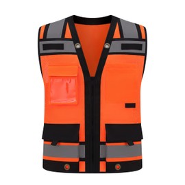 Class 2 High Visibility Reflective Safety Vests Women & Men With 15 Pockets And Zipper Front,Meets Ansi/Isea Standards (Orange_body Black Trims, Small)