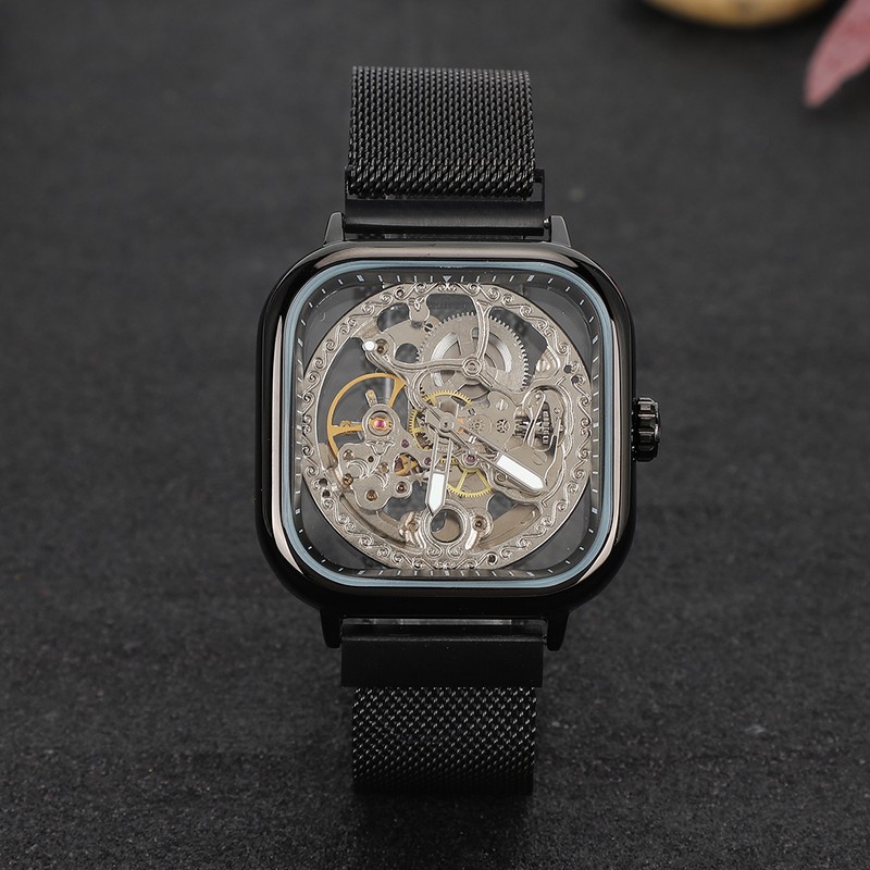 FORSINING Stainless Steel Strap Waterproof Hollow Automatic Mechanical Men WatchBlack