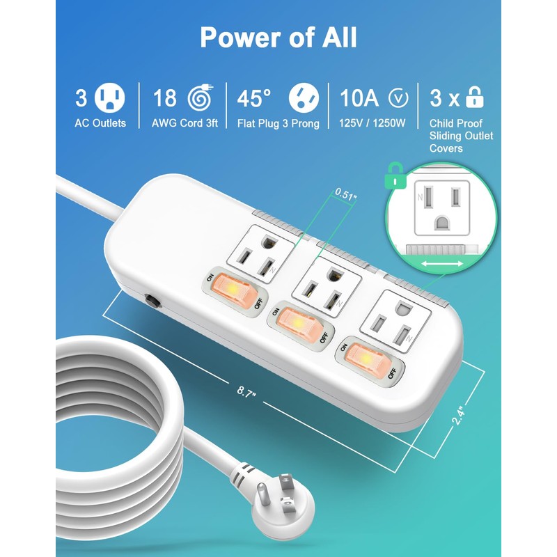Flat Plug Power Strip Individual Switches, Extension Cord 3 feet,
