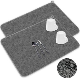 2 Pack Microfiber Dish Drying Mat,24*17 Inch Absorbent Dish Drainer Kitchen Counter,Large Drying Pad for Countertop, Rack and Under Sink(Gray)