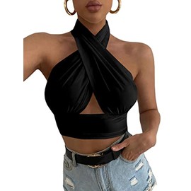 Rooscier Women's Sexy Crisscross Halter Cutout Sleeveless Backless Cami Crop Top Black Large