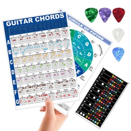 Guitar Fretboard Stickers 1Pcs & Laminated Guitar Chord Chart 2Pcs With Guitar Picks 5Pcs（0.71mm) As Gifts for Guitar Beginners