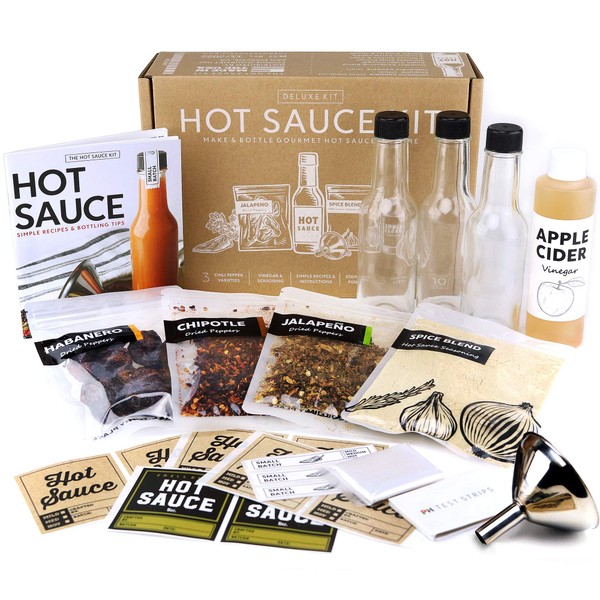 Deluxe Hot Sauce Making Kit, 3 Varieties of Chili Peppers, Gourmet Spice Blend, 3 Bottles, 16 Fun Labels, Make your own sauce, Fun DIY Gift For Dad, Brother, Uncle. (Deluxe Kit)
