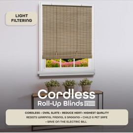 Cordless Veranda Vinyl Roll-Up Blind - 72 Inch Length, 48 Inch Width, Quarter Inch Vinyl Slats - Cocoa/Almond - Soft Light Filtering Horizontal Windows Blinds for Indoors by Achim Home Decor