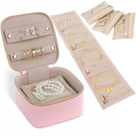Aorine Small Travel Jewellery Box Storage Bag Contains 7 Beige Square Jewellery Bags with Zip, Pink