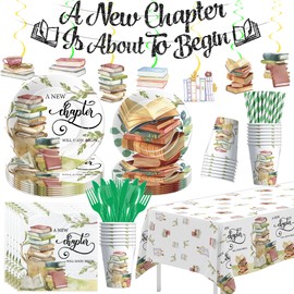 Owelleny Book Theme Party Decorations Supplies, A New Chapter Storybook Baby Shower Decorations, Plate, Napkin, Cup, Tablecloth, Banner, Swirls, Cutlery, Reading Book Club Decorations, Serves 24