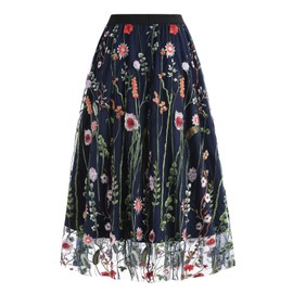 FYMNSI Women's Tulle Skirt Flowers Butterfly Embroidery Skirt Elegant Elastic A-line Midi Skirts High Waist Casual Vintage Mesh Skirt, darkblue
