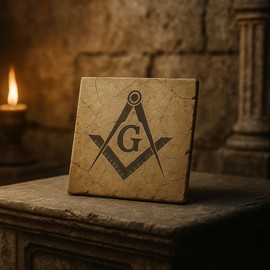 Ancient Stone Masonic Coaster – Freemasonry Emblem | Square & Compass Design Ceramic Tile Home Décor Size 4”x4”