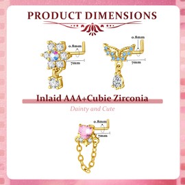 MODRSA Steel Nose-Stud Nose-Piercing l-Shaped: 3 PCS 20G Stainless Steel Gold Nose Studs Jewellery with 14k Cubic Zirconia Pendant