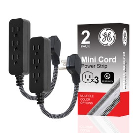GE 3-Outlet Power Strip Extension Cord with Multiple Outlets 6 Inch Braided Short Cord Extension Cord Grounded Flat Plug ETL Listed 2 Pack Black 53240