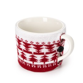 Sweater Mug Winter Cozy Gift Idea Red & White Tree Gift Mugs - Holiday Seasonal Gift, 14oz 3.5" Removable Crochet Winter Season Cup, Cute Merry Santa, Reindeer, Snowman, Snowflake Design