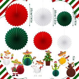 Epakh 14 Pcs Spanish Christmas Decorations Set Green, Red, White Colors Hanging Tissue Paper Fans and Christmas Theme Decorations for Xmas Holiday Party Office Indoor Home Decor