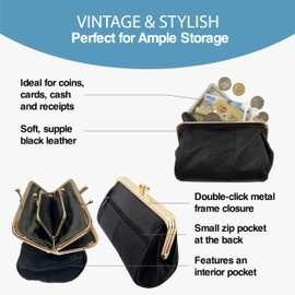 David Viggers - Leather Coin Purse - Purse for Women with Double Frame, Kiss Lock Closure, Coin Holder with Gold Metal Frame - 14cm x 8.5cm - Elegant Vintage Style Compact Clutch Bag