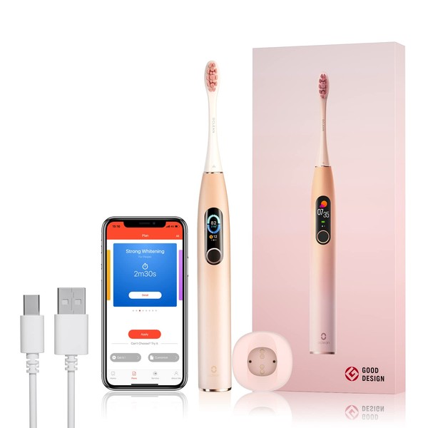 Oclean X Pro Cepillo de dientes eléctrico 42.000 VPM limpieza profunda con pantalla táctil LCD, carga rápida 2H dura 30 días, 3 modos 32 intensidades, cepillo de dientes sónico con cabezal de cepillo DuPont y temporizador inteligente, color rosa