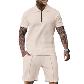 LUYCBS Mens Track Suits 2 Piece Sets Short Sleeve Sweatsuit Outfits 1/4 Zip Mens Athletic Jogging Outfits Summer Mens Outfits Beige XX-Large