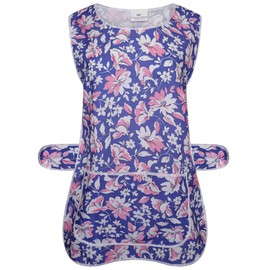 Ladies Womens Tabard Floral Home Work Tabards Overall Kitchen Cleaning Apron One Big Pocket (Navy Blue, M)