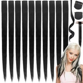 SoundZero Pack of 12 Hair Extensions, Straight Long Hairpieces, Black Hair Strands for Clip-in, Multi-Colour Hair Strands for Clip-in, Black Hairpiece Hair Strands for Clip-in