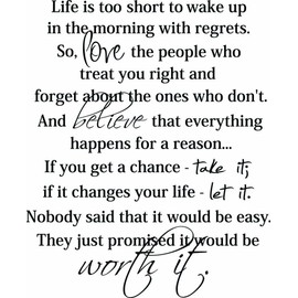 Wall Decal Life is Too Short to Wake up in The Morning with Regrets so Love The People who Treat You Right and Forget About The Ones. Vinyl Wall Decal Decor Quotes Sayings Inspirational Wall Art