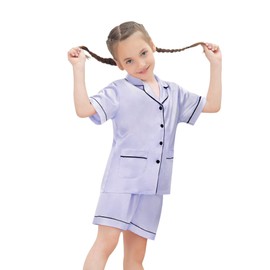 SWOMOG Kids Satin Pyjamas Girls Boys Short Sleeve Pjs Sets Two Pockets Silky Nightwear 2 Piece Button-Down Skeepwear for 4-13 Lavender