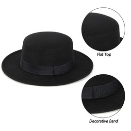 Wide-Brim-Felt-Panama-Fedora-Hat with Flat-Top-Pork-Pie Cap for Women Men (Size:M) Black