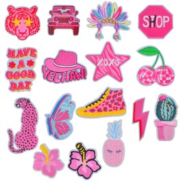 17Pcs Pink Preppy Iron on Patches Mixed Cute Cartoon Sew on Embroidered Decorative Repair Patch Sewing Appliques Stickers Gifts for DIY Clothing Jeans Jackets Backpacks Hats Crafts