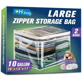 HIBAG 10 Gallon Large Storage Bag for Clothes, Zipper Clothing Storage Bag, Clear Organizer with Reinforced Handles, for Closet and Underbed Storage (2 Pack)