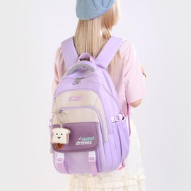 Makukke School Backpack Teenager School Bag Girls 5th Class 30L Storage Space School Bag Waterproof Backpack School Casual Children's Backpack with Cute Pendant, purple, L, Daypack Backpacks