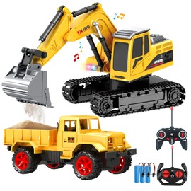 Remote Control Excavator & Dump Truck Toy for Kids(Set of 2) with Lights and Sounds,Construction Vehicles RC Trucks Toys for Boys Kids 3 4 5 6 7 8 9 10 Year