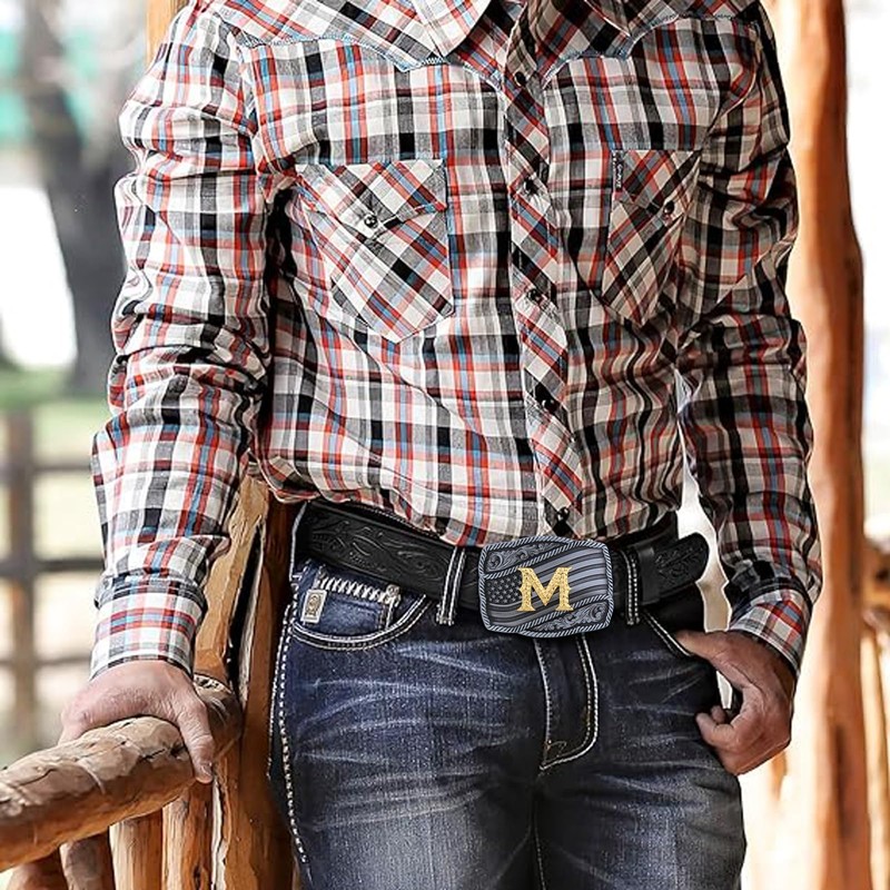Western Cowboy Initial Letters A-Z American Flag Belt Buckle for
