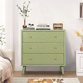 HXZDZ 3 Drawer Dresser for Bedroom, Mid Century Modern Chest of Drawers, Wood Large Nightstand, Hand-Painted Gold Trim Side Table, Storage Cabinet Organizer with Drawers for Living Room, Green