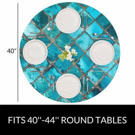 YINRON Square Glass Mosaic Round Table Cloth Turquoise Blue Asian Temple Wall Elastic Edged Table Cover Fade and Stain Resistant Table Cloths Easy to Clean Fits Tables 40-44" Diameter