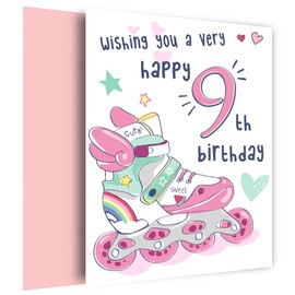 Rollerblades 9th Birthday Card for Girls | Roller Skates & Skating 9 Year Old Girl Bday Card for Granddaughter, Daughter, Sister or Niece, 9th Birthday, Pink