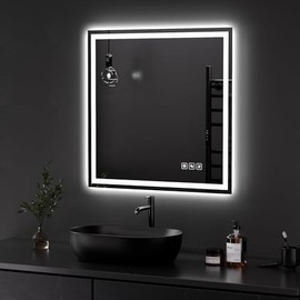 QAOYEDE LED Bathroom Mirror, 22"x22" Square Vanity Mirror with Lights, Memory Function, Horizontal Vertical Wall Mount, Adjustable Warm White/Natural/Daylight Lights, Plug-in or Hardwired