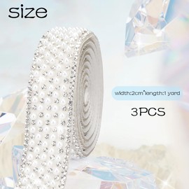 Peal 2cm 3Pcs,Rhinestone Tape,Rhinestone Ribbon,Sparkling Decorative Trim,Elegant Crystal & Pearl Embellishment Strip for DIY Crafts,Wedding Decorations,Shoe Accessories,Phone Cases