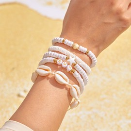 Tomovely 5 Pieces Beaded Bracelets, White Pink Preppy Bracelets Conch Shell Preppy Bracelet Boho Multi-Layer Beaded Crystal Bracelets, Bohemian Stackable Bead Bracelet Set Jewelry for Women