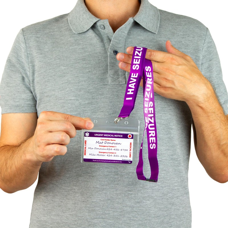 Seizures Medical Card With Writable Panel and Patterned Lanyard