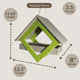 DutchCrafters Plastic Poly Modern Diamond Shape Outdoor Hanging Bird Feeder with Mesh Seed Tray, Wild Bird Feeders for Outside Garden Balcony Yard - Amish Made in USA (Light Gray & Lime)