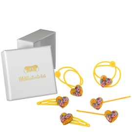HAARallerliebst Hair Accessories Set (6 Pieces | Glittering Hearts with Unicorn | Yellow) for Girls with Storage Box (Box Colour: White)