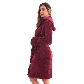 Just Love Kimono Robe Chevron Texture Fleece Hooded Bath Robes for Women, Burgundy With Hood, X-Small