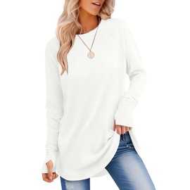 VVK Long Sleeve Workout Tops for Women Casual Loose Fit Tunic Shirts with Thumb Hole Fall Fashion 2024 (White L)