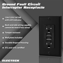 ELECTECK 3 Pack - 15A/125V Tamper Resistant GFCI Outlets, Decor GFI Receptacles with LED Indicator, Ground Fault Circuit Interrupter, Wallplate Included, ETL Listed, Black