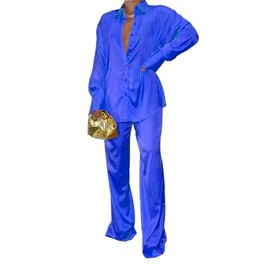 Yameay Women's Classic Silk Satin Sleepwear Long Sleeve Button Down Silk Sleep Set Nightwear Blue XXL