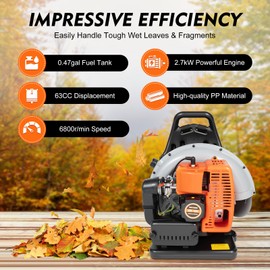 63CC 2 Stroke Backpack Gas Powered Leaf Blower, High Strength Snow Blower with Single-Cylinder Air-Cooled, 2.7KW Powerful Grass Lawn Blower for Leaf Cleanup, Lawn Cleaning, Sand Gravel Removal