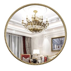 Fobule Round Bathroom Wall Mirror, 28"x28" Antique Gold Metal Beaded Frame Vanity Mirror, Wall Mounted Large Circle Makeup Mirror for Bedroom, Living Room, Entryway