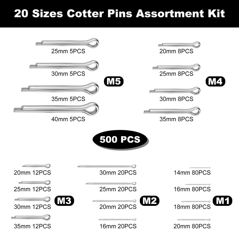 Nadisean 500Pcs Cotter Pins Assortment Kit, 304 Stainless Steel Split