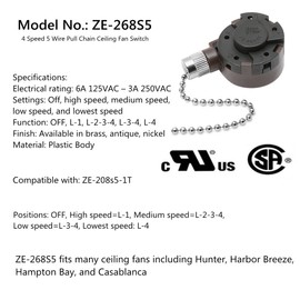 Ceiling Fan Switch Set Zing Ear ZE-268S5 4 Speed 5 Wire Pull Chain Ceiling Fan Switch Speed Control Switch with Rope for Ceiling Fans, Wall Lamps, Cabinet Light, Nickel