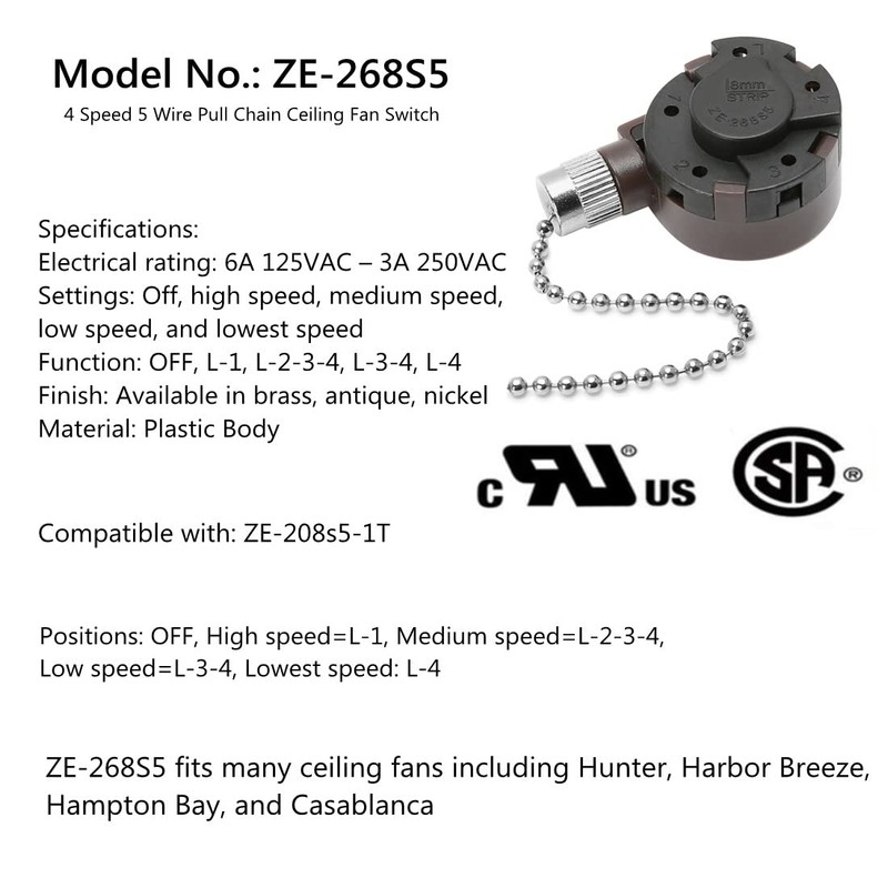 Ceiling Fan Switch Set Zing Ear ZE-268S5 4 Speed 5